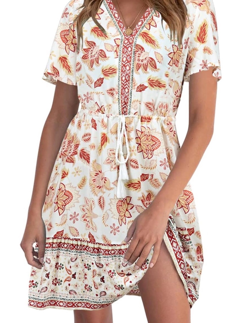 Boho Floral Tunic Dress in Cream with Rust and Mustard